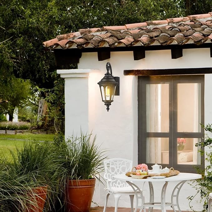 Darkaway Dusk to Dawn Outdoor Porch Light with GFCI Outlet, Waterproof Outdoor Wall Sconce Light Fixture for House, Front Porch, Patio，Black