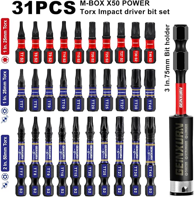 30Pieces (T7-TT40) Screwdriver Bit Set,Impact Magnetic Multi-Torx Head Bits, S2 Alloy Steel Security Star Bits with 1Pc Impact Bit Holder and Storage M-Box