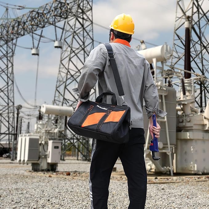 ValueMax 16-Inch Wide Mouth Tool Bag, Tool Organizer Tote Bag with Shoulder Strap, Heavy-duty Tool Storage Bag with 13 Pockets for HVAC, Plumber, Mechanic