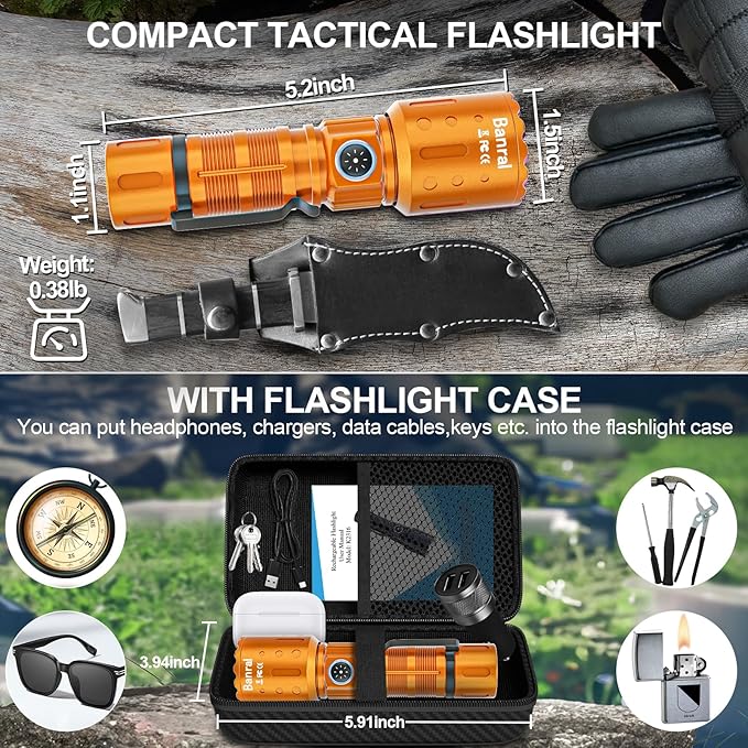 Flashlights High Lumens Rechargeable, Super Bright Long Range Small Powerful Flashlight, 6 Modes LED Tactical Pocket Waterproof Flash Light for Home Emergency (1, Orange)