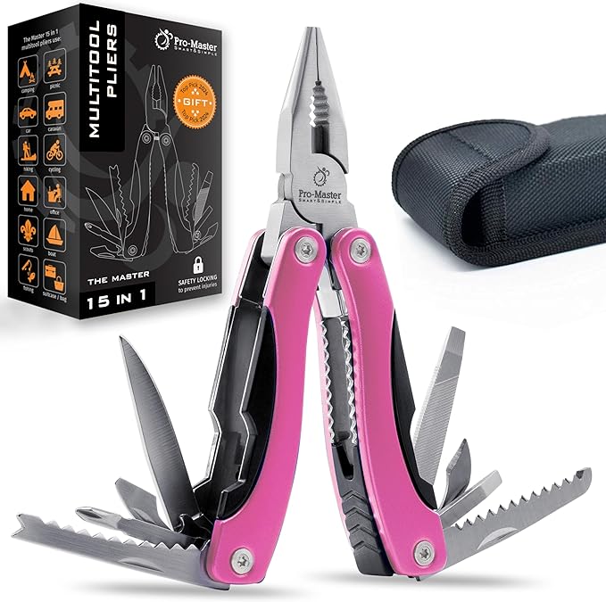 Pink Multitool 15-in-1 for Mom, Wife, Daughter, Grandma, Practical EDC Multi Tool Pliers, Pocket Knife with Safety-Locking, Great for Hiking, Camping, Simple Repairs, Car Glove Box