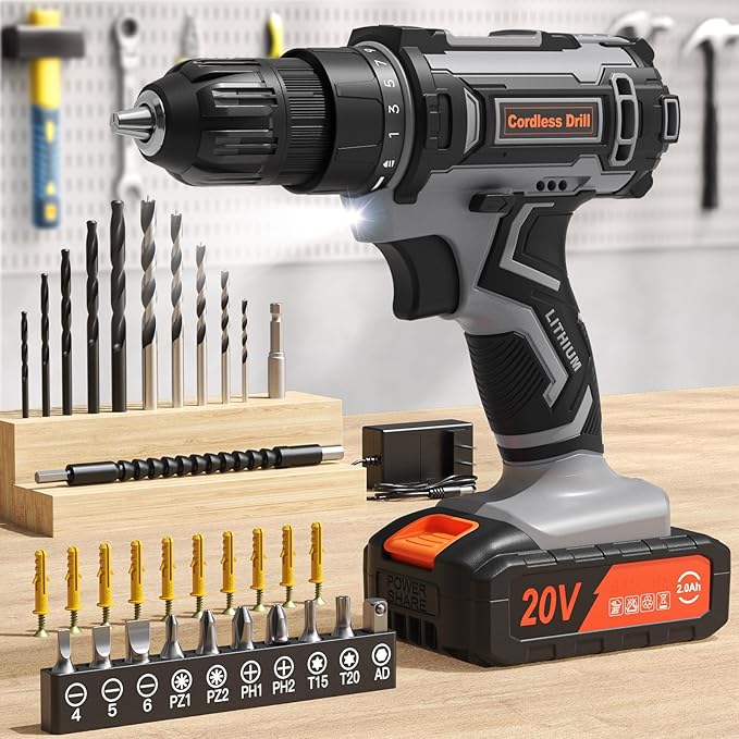 Cordless Drill Set, 20V Power Drill with Power Pack 2.0Ah and Charger, 3/8-Inch Keyless Chuck Electric drill, 25+1 Position, 42pcs Drilldriver Bits/Screws for DIY Projects (Black Grey)