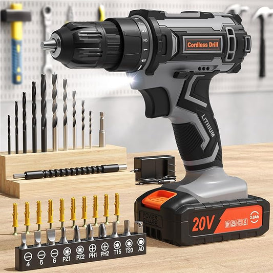 Cordless Drill Set, 20V Power Drill with Power Pack 2.0Ah and Charger, 3/8-Inch Keyless Chuck Electric drill, 25+1 Position, 42pcs Drilldriver Bits/Screws for DIY Projects (Black Grey)