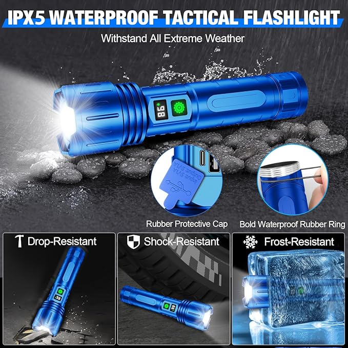 Flashlights High Lumens Rechargeable, Super Bright LED Powerful Flashlight, Type-C, 5 Modes, Zoomable, IPX5 Waterproof High Powered Tactical Flash Light for Emergency Camping,Blue