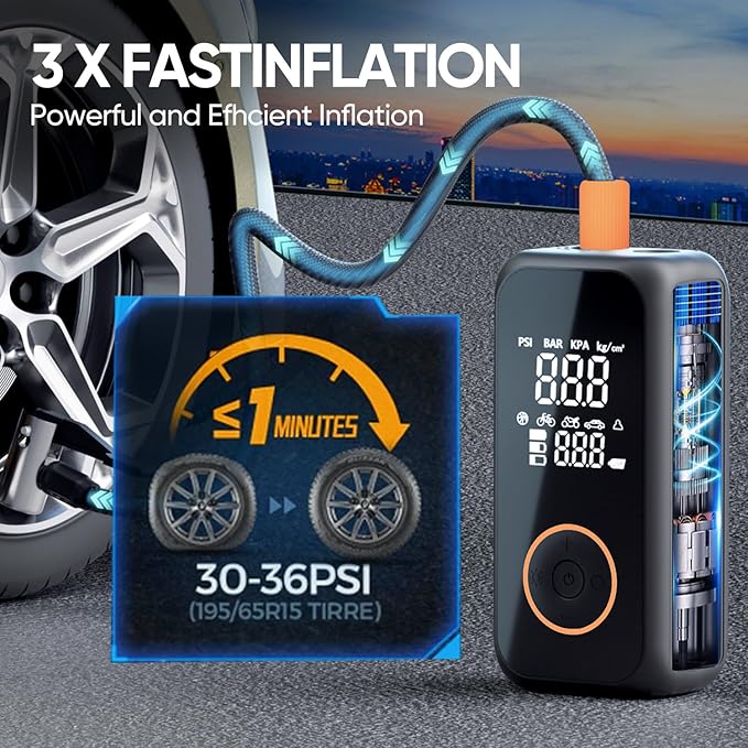 Tire Inflator Portable Air Compressor, Cordless Mini Portable Air Pump with Rechargeable Battery, 5X Faster Inflator with Digital Pressure Gauge Auto Shut-Off for Car, Motorcycle, Bike, Ball(Orange)