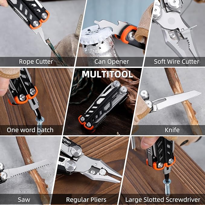 HANSHI 15 in 1 Multitool Pliers with Scissors, Upgraded Heavy Duty Stainless Steel Multi Tool with YG10 Tungsten Steel Replaceable Wire Cutters for Survival, Camping, Hiking,Repair and Gift (Black)