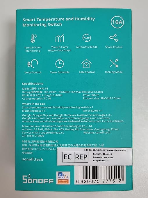 SONOFF THR316 Origin Smart Temperature and Humidity Monitoring Switch,Compatible with Alexa & Google Home, RJ9 4P4C Interface