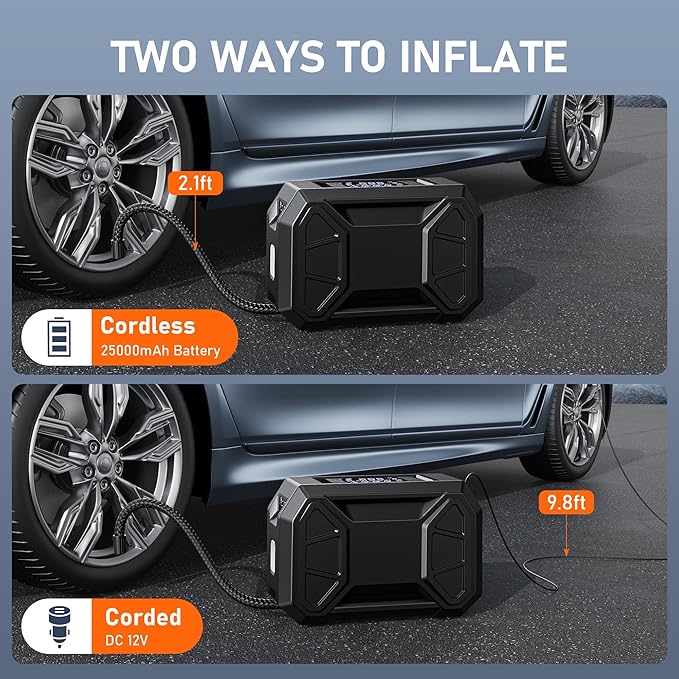 Tire Inflator Portable Air Compressor, 150 PSI Cordless Tire Pump for Car Tire 12V DC Dual Power Battery Tire Inflator Air Pump with Pressure Gauge LED Light for Car, Motorcycle, Bike, Ball