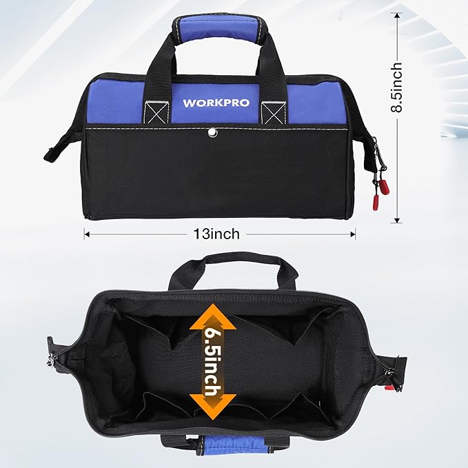 WORKPRO 13-inch Tool Bag, Wide Mouth Tool Tote Bag with Inside Pockets for Tool Storage