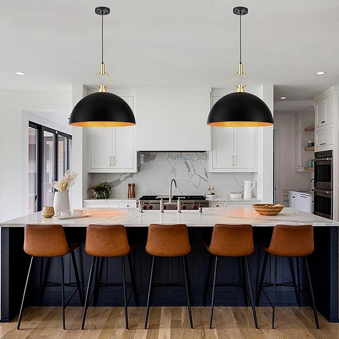 19.6" Black and Gold Pendant Lights for Kitchen Island Large Dome Pendant Light Fixture Industrial Hanging Lamp for Dining Room Hallway Entry Bedroom Bar