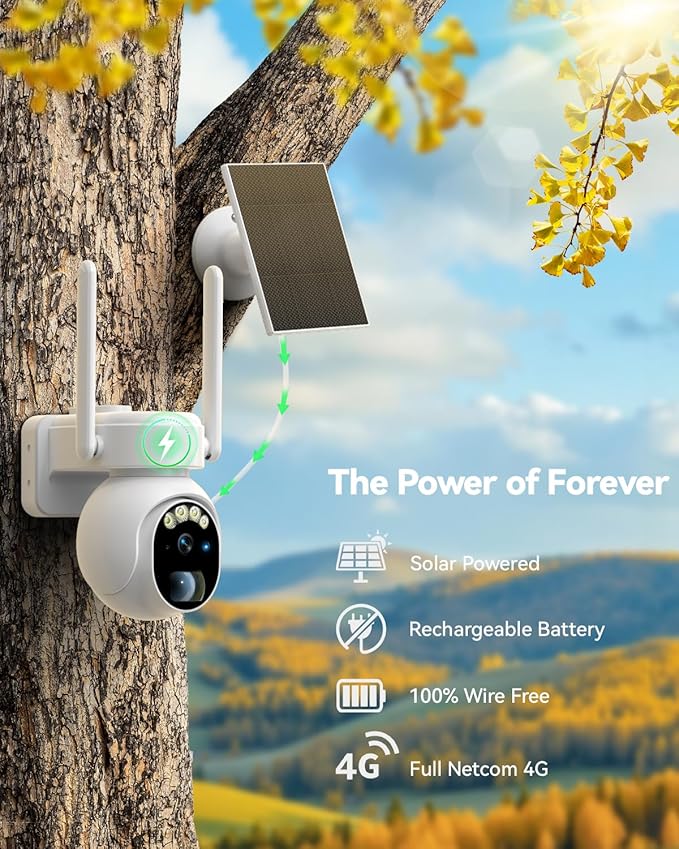 Solar Security Cameras Wireless Outdoor - 4G LTE Battery Powered Cameras for Home Security, 360°View PTZ, IP66 Waterproof, 2K HD Color Night Vision, Human Tracking, 2-Way Audio, SD/Cloud Storage