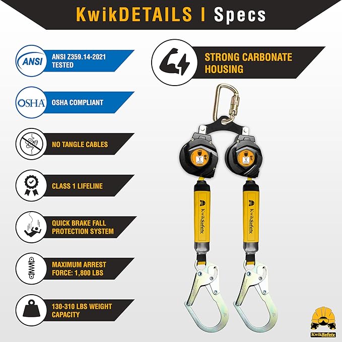 KwikSafety - 6' mini Mamba Twin-Leg Self Retracting Lifeline [NO Tangle Web] Class 1 Retractable Safety Lanyard SRL ANSI OSHA