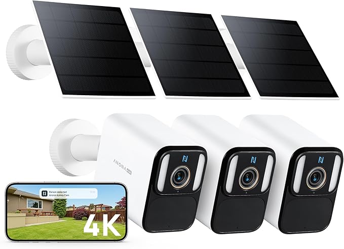 Anona Aurora 4K Solar Security Cameras Wireless Outdoor, Forever Power with Solar Panel, 8MP Color Night Vision, 24/7 AOV Recording, No Monthly Fees, AI Detection, Easy Setup, 2.4 G WiFi, IP67, 3 Pack