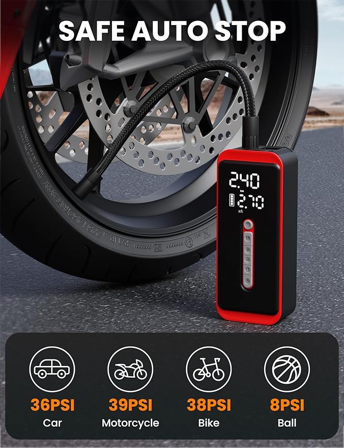 ROTOPATA Electric Tire Inflator Portable Air Compressor 12V DC, 150PSI Cordless Air Pump with LED Light & Digital Pressure Gauge for Car Bike Motorcycle Wheel Ball Inflatable(Red)