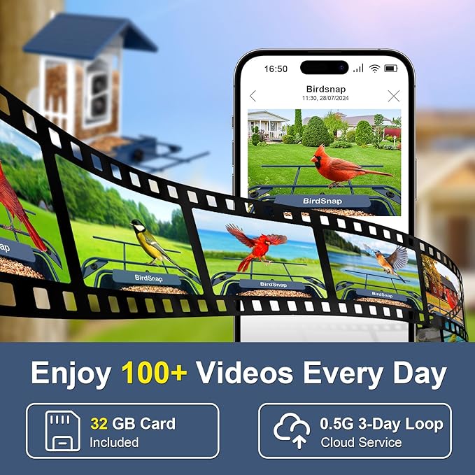 birdsnap® APS - Metal Bird Feeder with Camera Solar Panel 32GB Card, AI Identify 10000+ Birds Camera Feeder, 3 DIY Add-ons, 2K HD Live View Auto Record Bird Video, Ideal Gift for Birds Lover