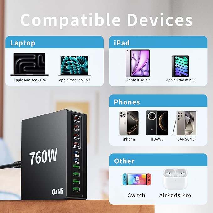760W USB C Charger Block, 10 Port Fast Charging Station Hub Brick PD 100W MacBook Charger Compatible with iPhone 16 15/14/13/Pro DELL HP MacBook Pro/Air/All iPad Max/Samsung Galaxy Note