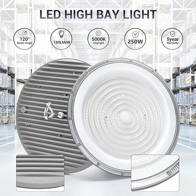 4 Pack 250W UFO Led High Bay Light,120VAC,5000K Daylight Commercial Bay Lighting,IP66 Waterproof,41050LM,1150W MH/HPS with Plug Area Lighting for Warehouse/Shop/Workshop/Barn/Gym/Factory
