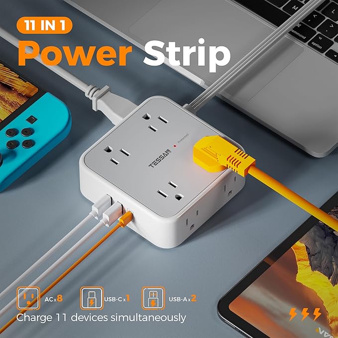 Surge Protector Power Strip Flat Plug, TESSAN Long Extension Cord 10 FT with 8 Outlets, 3 USB Ports(1 USB C), 3-Sided Outlet Extender, 900 Joules Protection, Desk Charging Station for Home, Office