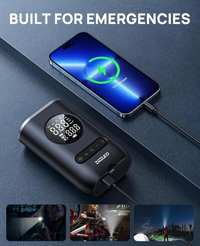 Tire Inflator Portable Air Compressor - ZGZUXO 150PSI Cordless Air Pump for Car Tires with Pressure Gauge LED Light, Electric Bike Tire Pump for Car Motorcycle Bicycle Ball, Auto Shut-Off