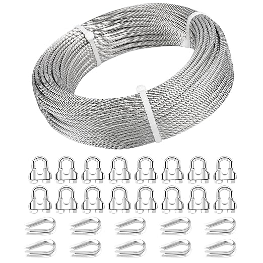 3/16 Wire Rope, 200ft 3/16 Stainless Steel Cable Wire, 7x19 Strand Aircraft Cable Wire Rope Kit, 3700lbs Breaking Strength with 3/16 Cable Clamps,Thimble for Deck Railing Shade Sails String Lights