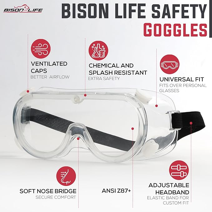 BISON LIFE Clear Anti-Fog Safety Goggles, Chemical Splash Resistant, Adjustable Strap, Anti-Scratch Eye Protection Glasses