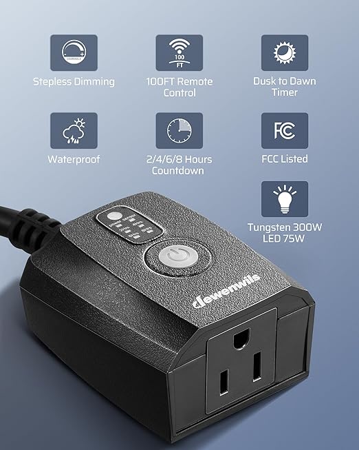 DEWENWILS Dusk to Dawn Dimmer Plug, 100FT Conrtrol Range Dimmable Timer, Compatible with Dimmable LED/Tungsten Bulbs, Waterproof Outdoor Dimmer for String Lights, Christmas Lights, FCC Certified