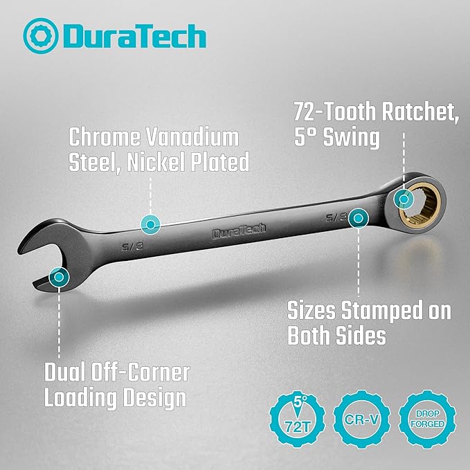 DURATECH Anti-Slip Ratcheting Wrench Set, Combination Wrench Set, 8-piece, SAE 5/16" to 3/4", 72-Tooth, Nickel Plating, CR-V Steel, with Pouch