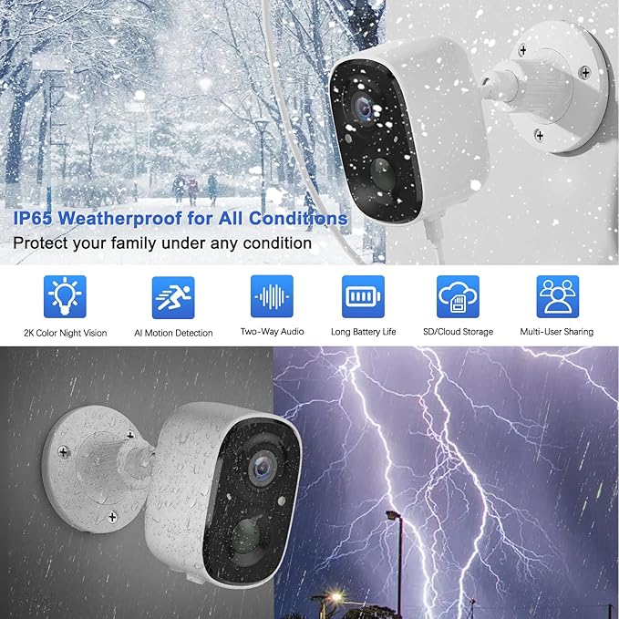 Security Cameras Wireless Outdoor, 2K Battery Powered WiFi Cameras for Home Security with AI Motion Detection, Color Night Vision, Spotlight, Siren, Waterproof, SD/Cloud Storage