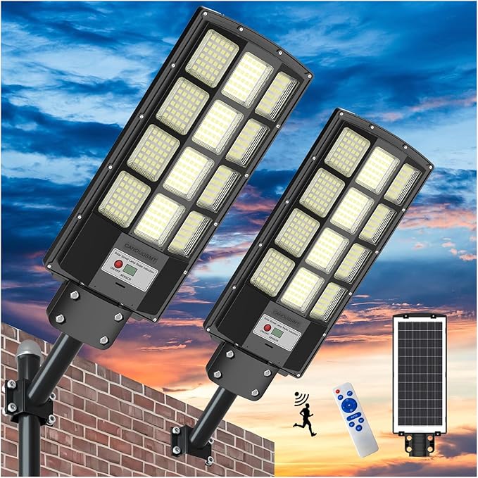 Solar Street Lights Outdoor Dusk to Dawn, 3000W Solar Flood Light Waterproof with Motion Sensor 350000LM Parking Lot Light 2 Pack