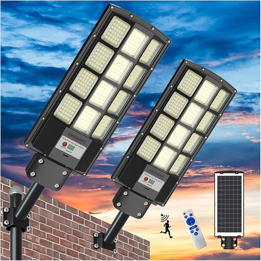Solar Street Lights Outdoor Dusk to Dawn, 3000W Solar Flood Light Waterproof with Motion Sensor 350000LM Parking Lot Light 2 Pack
