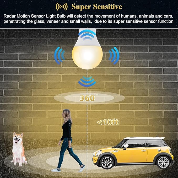 DiCUNO Radar Motion Sensor Light Bulbs Outdoor, 12W (100W Equivalent), Motion Sensor Bulb Auto On/Off, Warm White 3000K, 1100 LM, A19 E26 Indoor/Outdoor Lighting for Front Porch Garage, 2-Pack