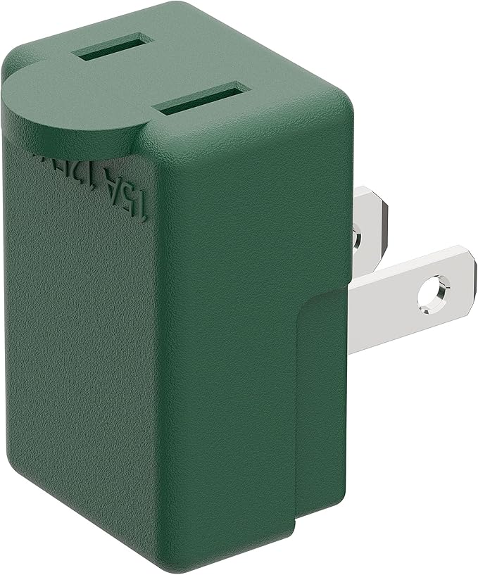 Right Angle Adapter,2-Prong 90 Degree Upward Angled AC Adapter, Polarized 2-Prong L Type Adapter, Vertical Right Angled Down Angle Power Adapter, PA-0507G Green Color