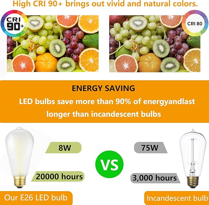 E26 Frosted LED Edison Bulbs, 8W, Equivalent 75W, Neutral White 4000K,850LM,AC120V,Dimmable ST58 Frosted Vintage Bulbs with 90+ CRI, Pack of 6