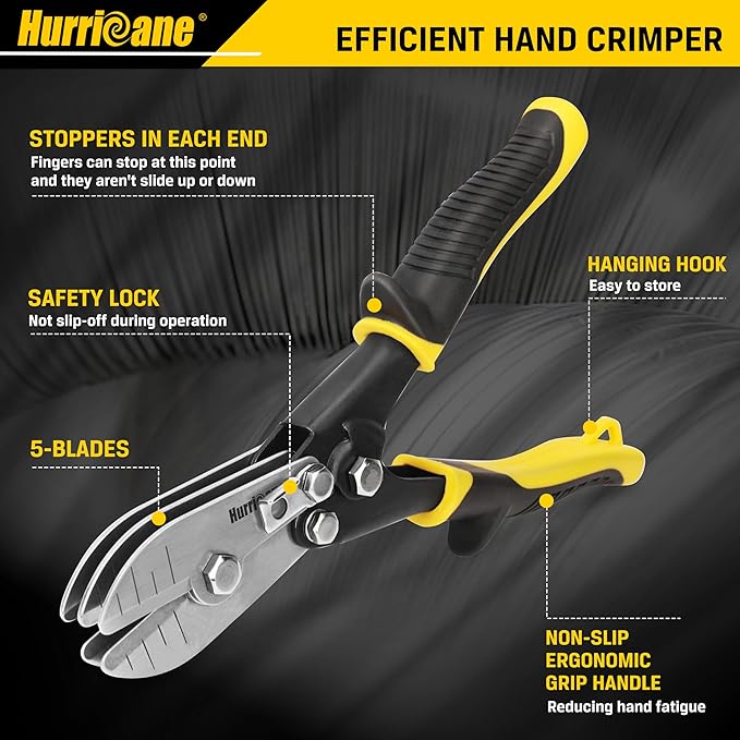HURRICANE 5 Blade Sheet Metal Crimper. HVAC Crimping Tool for Ductwork, Downspouts & Stove Pipes. 9-1/2 inch Heavy-Duty Hand Crimper with Safety Lock. 5-Blade Sheet Metal Crimpers Tool