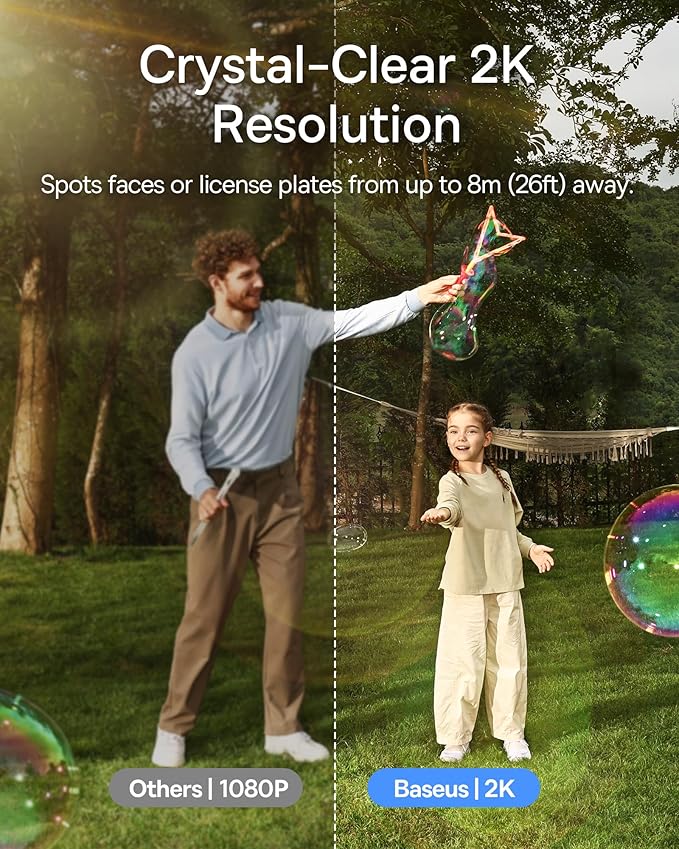 Baseus Solar Security Cameras Wireless Outdoor S1 Lite, 2K QHD Solocam, Continuous Power, Color Night Vision, AI Human Detection, IP67, No Monthly Fee, Local Storage, Works with Alexa & Google Home