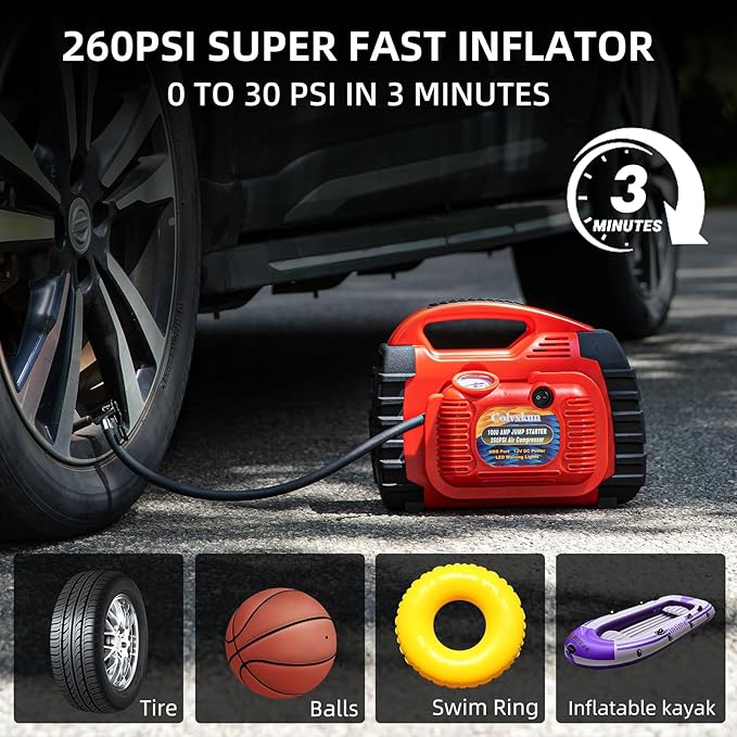 Jump Starter with Air Compressor, 260PSI 1000A Car Battery Jump Starter Battery Pack (6.0 Gas/6.0L Diesel),12V Car Jumper Starter Portable Jump Box with Tire Inflator