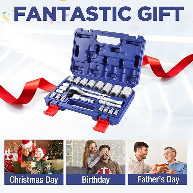 WORKPRO 22-Piece Socket Set with 3-in-1 Ratchet Handle, 1/4, 3/8, 1/2 Inch Drive Socket Wrench, CR-V Metric Socket Set, Extension Bars, Storage Box Included, Mechanics Tool Sets for Auto Repairing