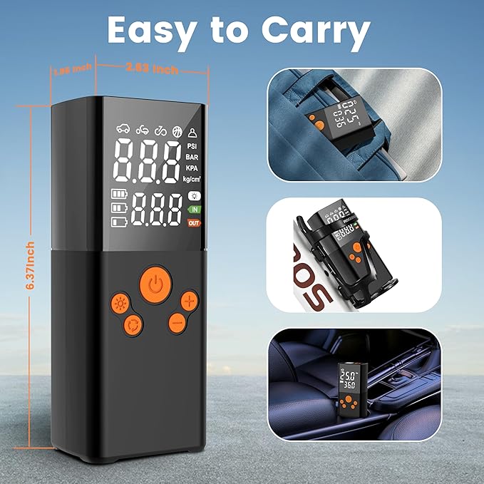 Car Tire Air Pump Portable, Cordless Tire Inflator Portable Air Compressor with 2000mAh Battery and Large Dual Digital Screen Pressure Gauge,150PSI Tire Connector Accessories for Motorcycle Bike Ball