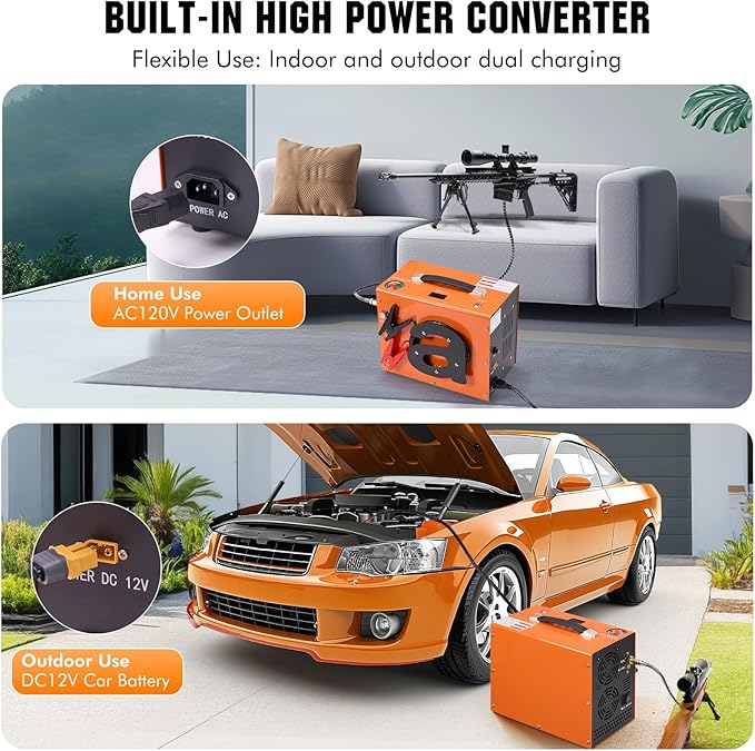 PCP Air Compressor with Auto Shut Down, Portable 4500Psi/30Mpa, Water/Oil-Free, One Button Start, Bursting Disc, 12V DC/120V AC PCP Airgun Compressor, Rifle/Pistol and Paintball Tank Air Pump (Orange)
