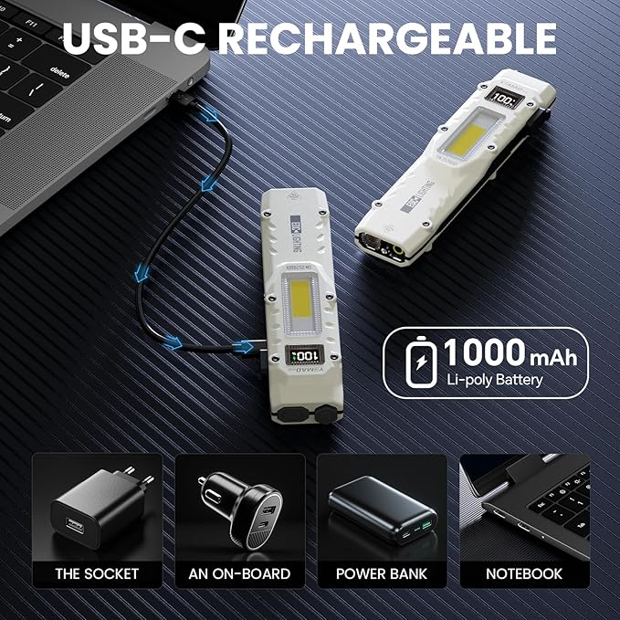 Flat Flashlights Rechargeable Small Tactical Flashlight with Clip,Stainless Steel EDC Led Light with Digital Display,880 Lumen Pocket Flashlight Dual-Switches13 Modes for Home Use,Outdoor and Work