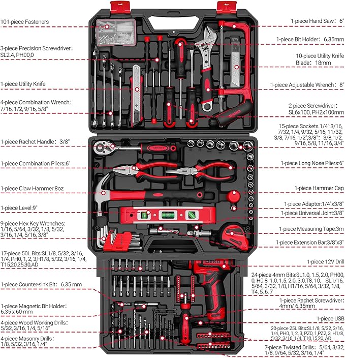 Drill Tool Set：Tool Kit with 12V Power Cordless Drill Hand Repair Tools Box with Drill, Home Tool Kits for Men & Women, Hand Drill Set Perfect for Homeowner, Diyer, Handyman - Red