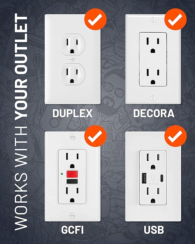 ECHOGEAR On-Wall Surge Protector with 6 Pivoting AC Outlets & 1080 Joules of Surge Protection - Low Profile Design Installs Over Existing Outlets to Protect Your Gear (Black)