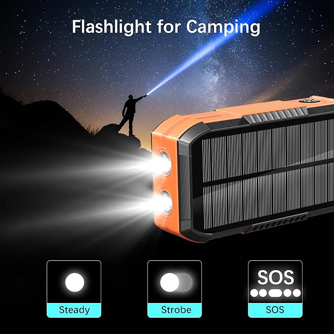 Solar Charger Wireless Power Bank 73200mAh Built in 2 Cables and Hand Crank, Portable Charger 22.5W Fast Charger 6 Outputs & 4 Inputs External Battery Pack with Bright Flashlight and Compass