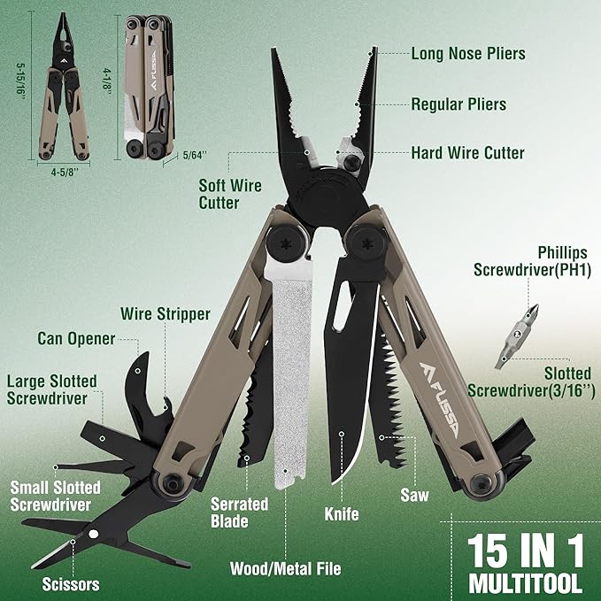 FLISSA Multitool, 15-in-1 Multi Tool Pocket Knife with Sheath, Stainless Steel EDC Multitool Pliers for Men, All-in-One Tools for Camping, Fishing, Survival