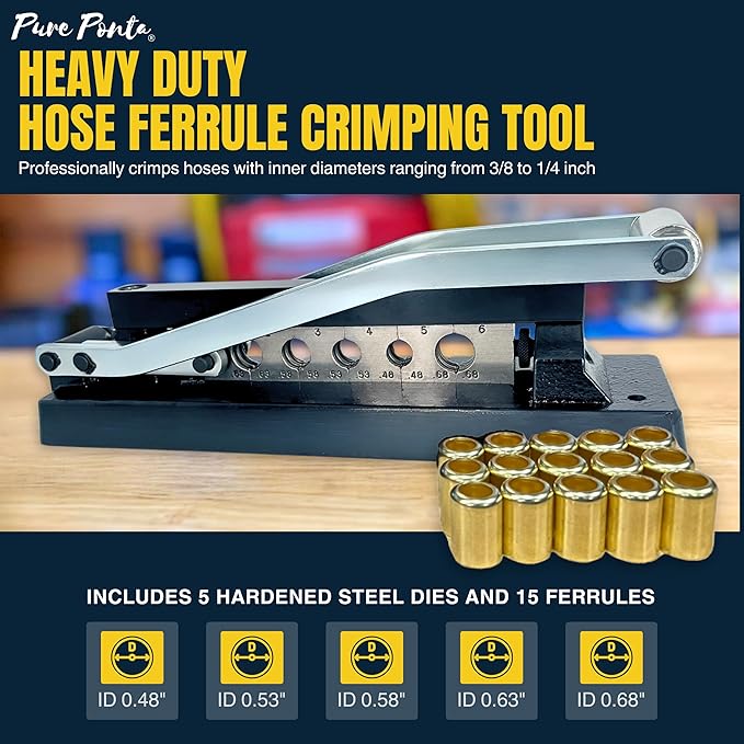 Heavy Duty Ferrule Crimping Tool Air Hose Repair Kit for 3/8, 5/16, 1/4 inch ID Hoses, Crimper w/ 5 Hardened Steel Dies & 15 Ferrules Fittings, Torch & Compressor Crimpers