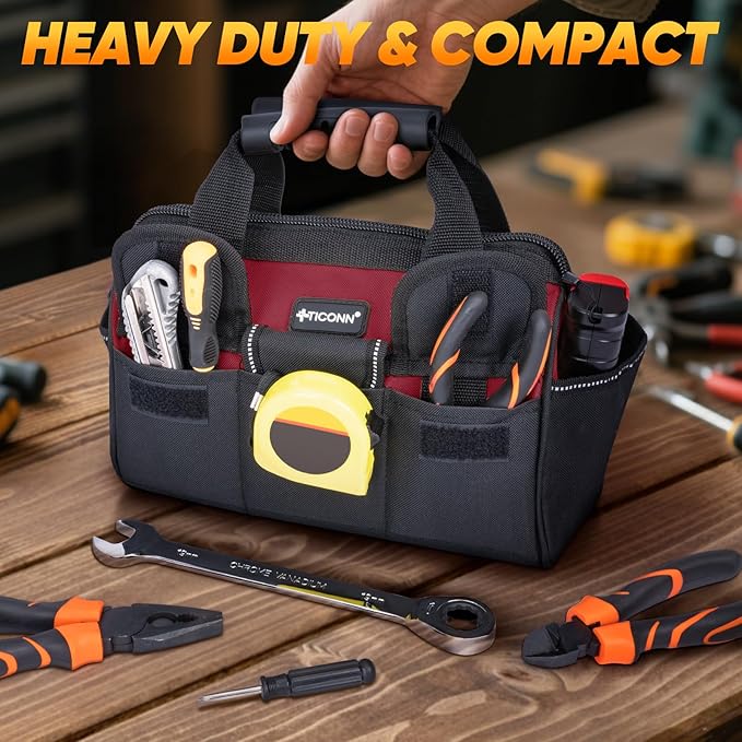 TICONN Heavy Duty Tool Bag with Multi-Pockets, Portable Tool Box Organizer Storage Bag, with Adjustable Shoulder Strap and Ergonomic Handle (Red, 12" Standard Base)