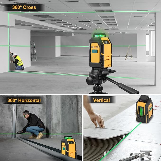 PREXISO 360° Laser Level with Tripod, 100Ft Self Leveling Cross Line Laser- Green Horizontal Line for Construction, Floor Tile, Renovation with Target Plate, Green Glasses, Carry Bag, 4 AA Batteries