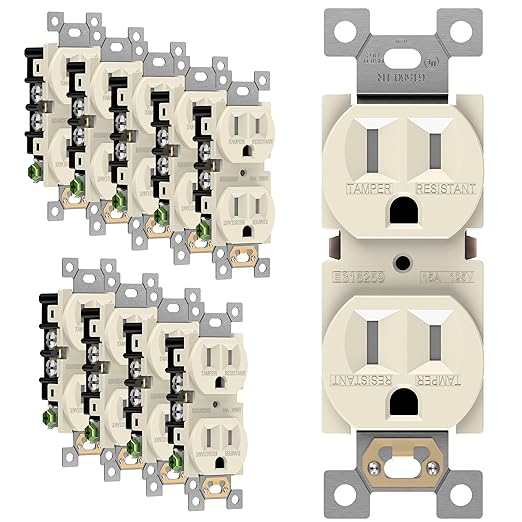 ENERLITES Duplex Receptacle Outlet, Tamper-Resistant, Residential Grade, 3-Wire, Self-Grounding, 2-Pole,15A 125V, UL Listed, 61580-TR-LA-10PCS, Light Almond (10 Pack)