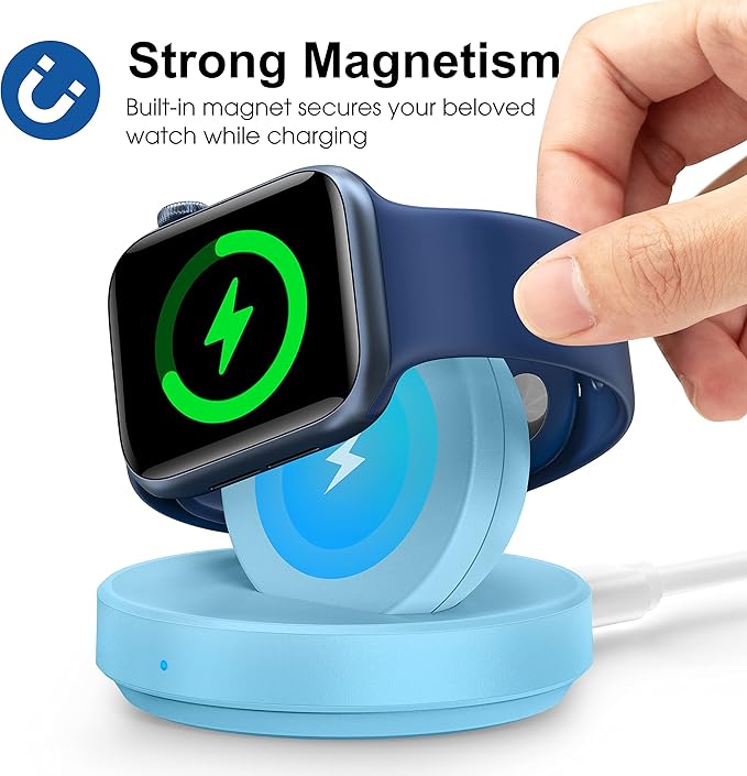 Portable Magnetic Charging Dock for Apple Watch, Wireless Fast Watch Charger Stand with Charging Cable,Support Nightstand Mode,Compatible with Apple Watch 10 9 8 7 SE 6 5 4 3 2/Ultra 2-Sky Blue