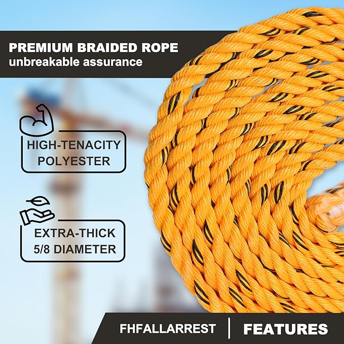50ft Vertical Lifeline Assembly with Shock Absorber,Fall Protection Safety Rope for Roofing,OSHA ANSI Compliant
